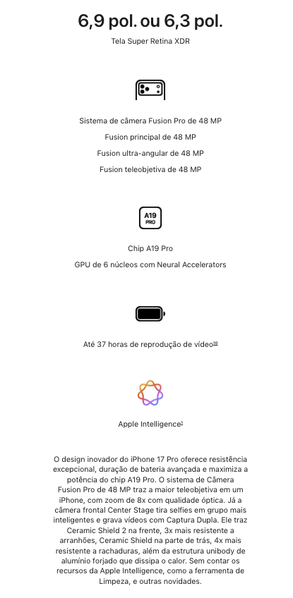 Especificações técnicas do iPhone 17 Pro Max: tela, câmeras, chip A19 Pro e bateria