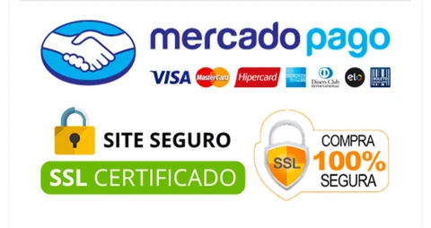 Selos de pagamento e segurança: Mercado Pago, Visa, Mastercard, Hipercard, American Express, Diners Club, Elo, Hiper, site seguro com SSL certificado e compra 100% segura